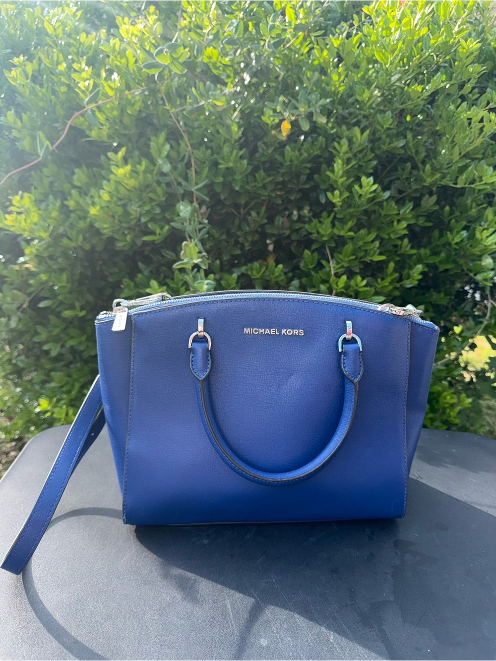 Michael Kors Cobalt Blue Leather Satchel with Chain-Trim Strap - Picture 3 of 12